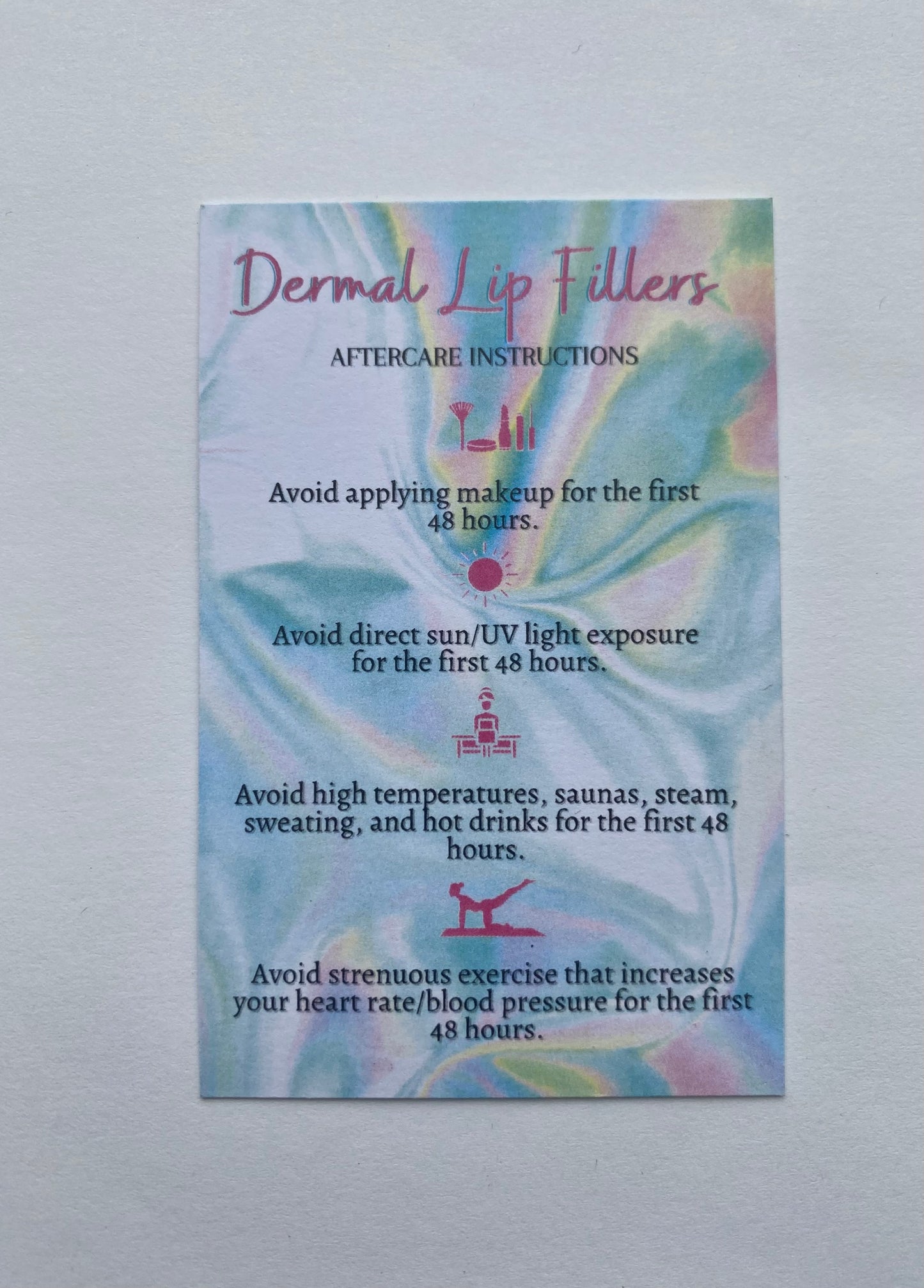 25 DERMAL LIP FILLER POST TREATMENT AFTERCARE CARDS - MULTIPLE TREATMENT & COLOUR OPTION CHOICES