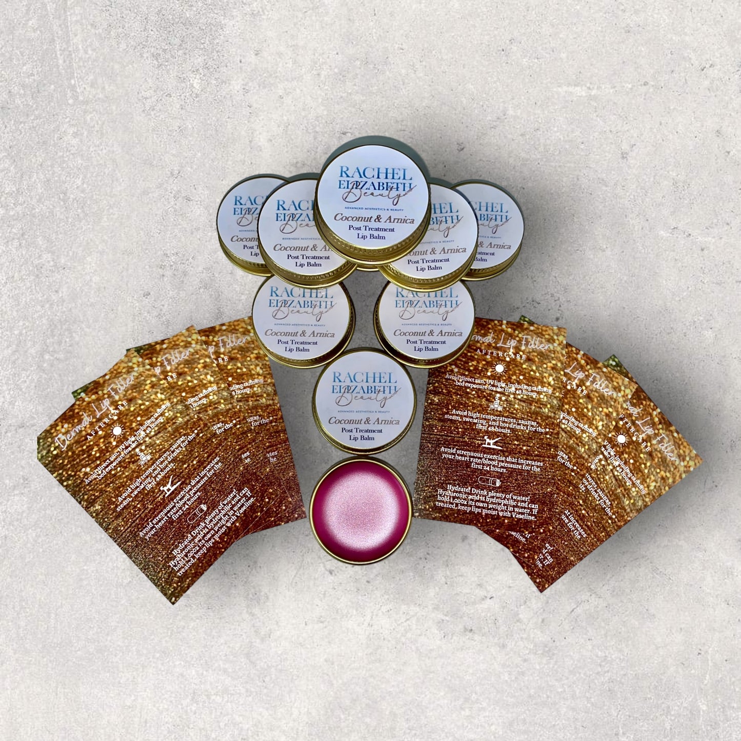 BUNDLE 50 EACH OF CUSTOMISED ARNICA LIP BALMS, LIP COMPRESSES & AFTERCARE CARDS