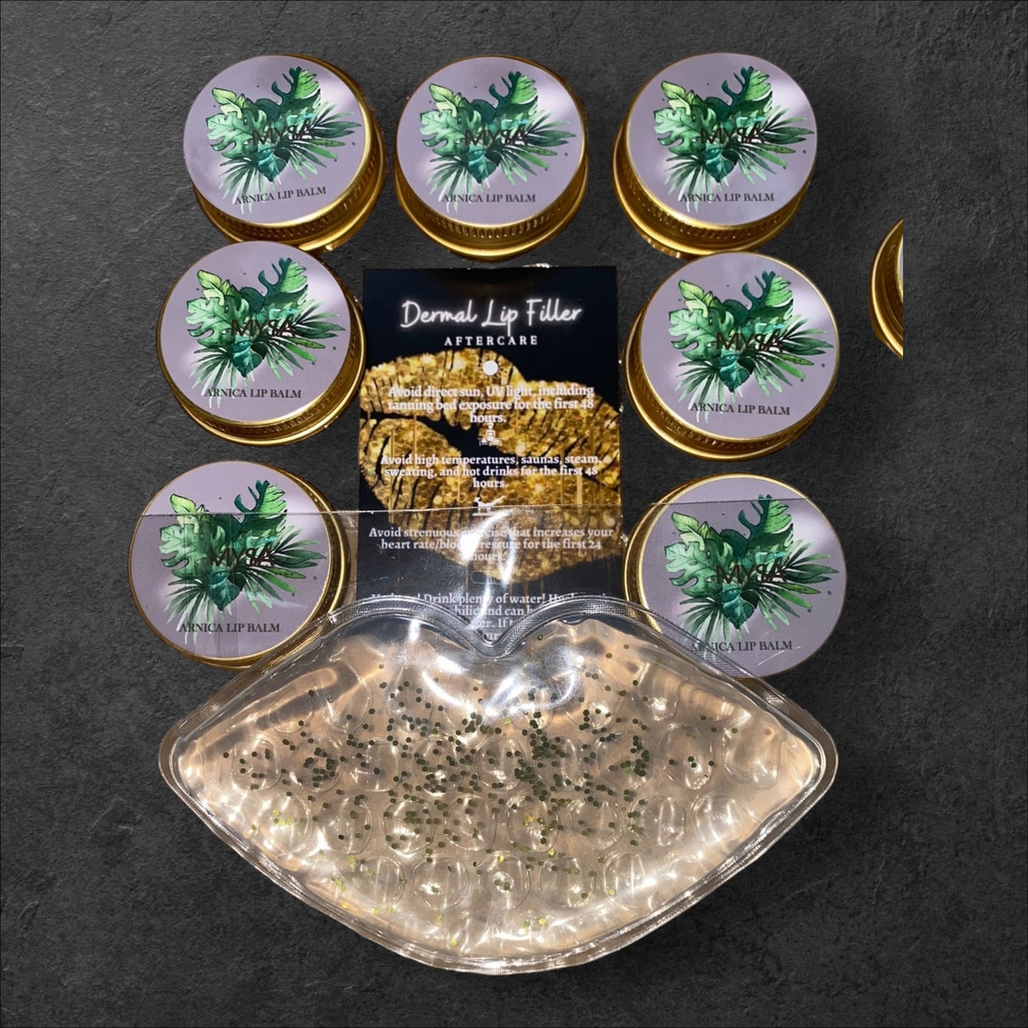 BUNDLE 50 EACH OF CUSTOMISED ARNICA LIP BALMS, LIP COMPRESSES & AFTERCARE CARDS