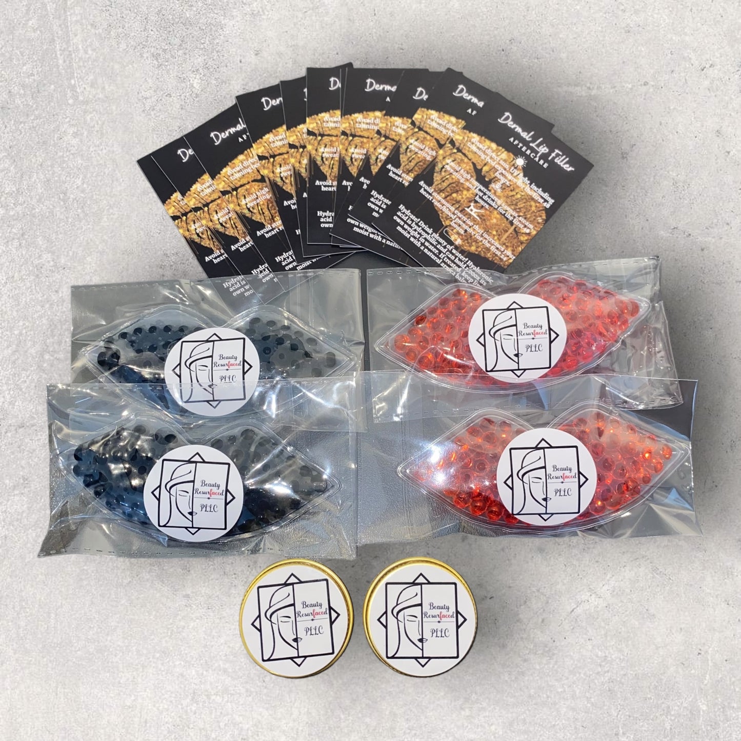 BUNDLE 50 EACH OF CUSTOMISED ARNICA LIP BALMS, LIP COMPRESSES & AFTERCARE CARDS