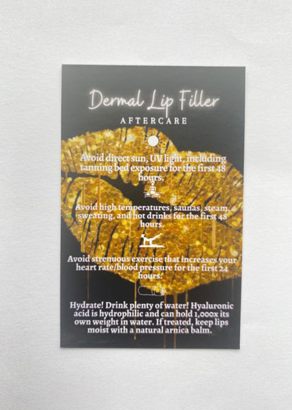 25 DERMAL LIP FILLER POST TREATMENT AFTERCARE CARDS - MULTIPLE TREATMENT & COLOUR OPTION CHOICES