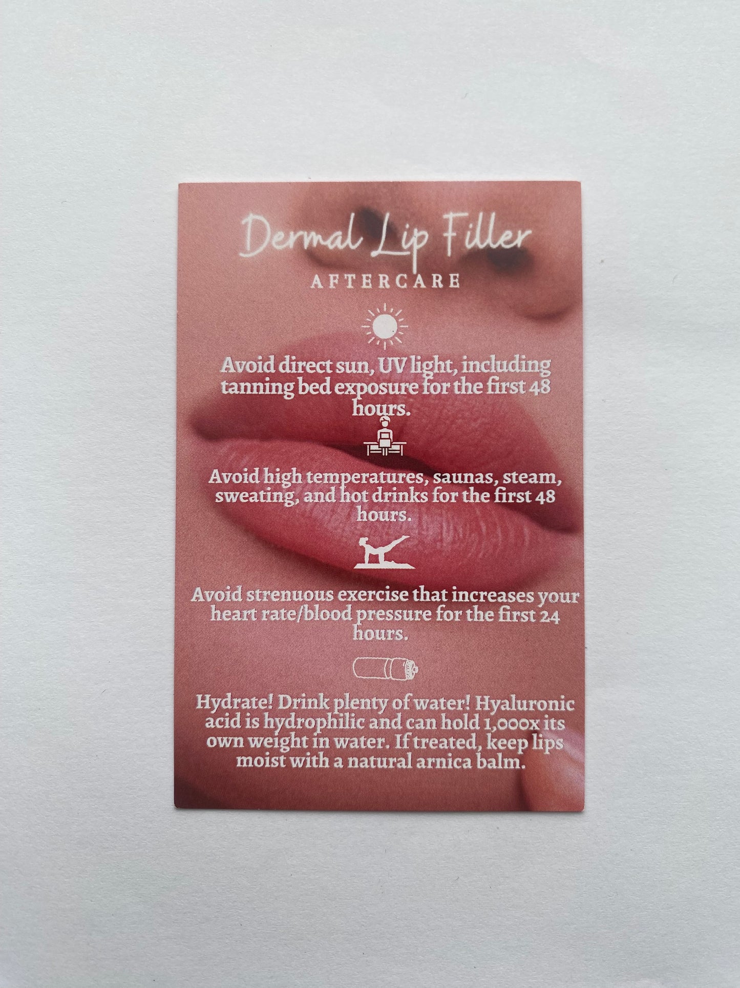 25 DERMAL LIP FILLER POST TREATMENT AFTERCARE CARDS - MULTIPLE TREATMENT & COLOUR OPTION CHOICES