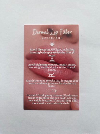 25 DERMAL LIP FILLER POST TREATMENT AFTERCARE CARDS - MULTIPLE TREATMENT & COLOUR OPTION CHOICES