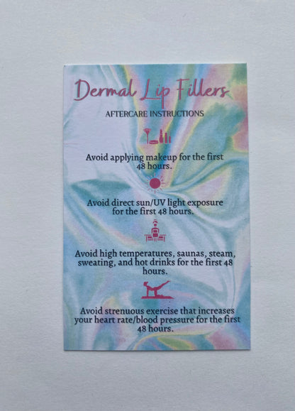 25 DERMAL LIP FILLER POST TREATMENT AFTERCARE CARDS - MULTIPLE TREATMENT & COLOUR OPTION CHOICES