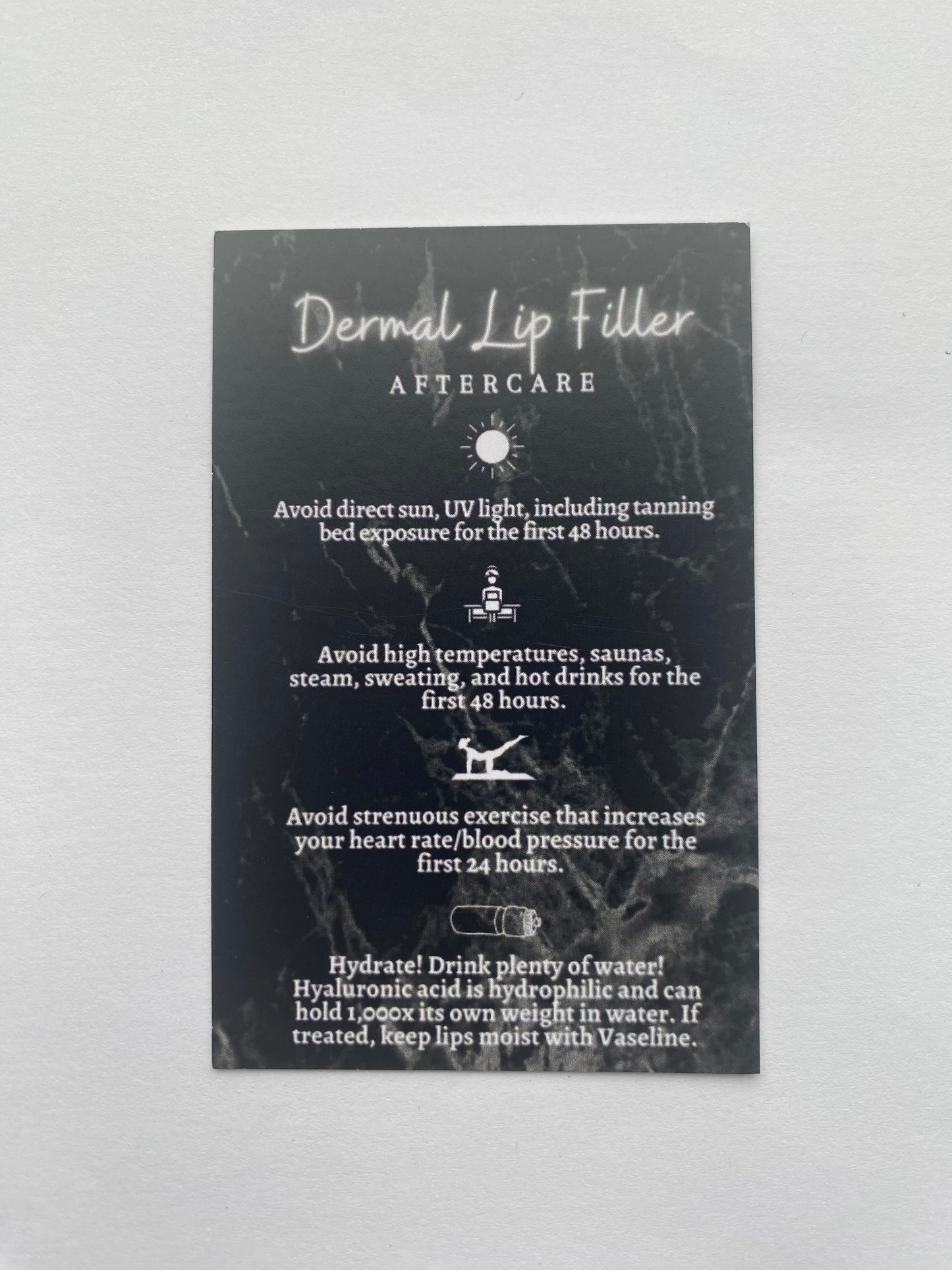 25 DERMAL LIP FILLER POST TREATMENT AFTERCARE CARDS - MULTIPLE TREATMENT & COLOUR OPTION CHOICES