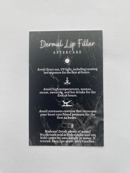 25 DERMAL LIP FILLER POST TREATMENT AFTERCARE CARDS - MULTIPLE TREATMENT & COLOUR OPTION CHOICES