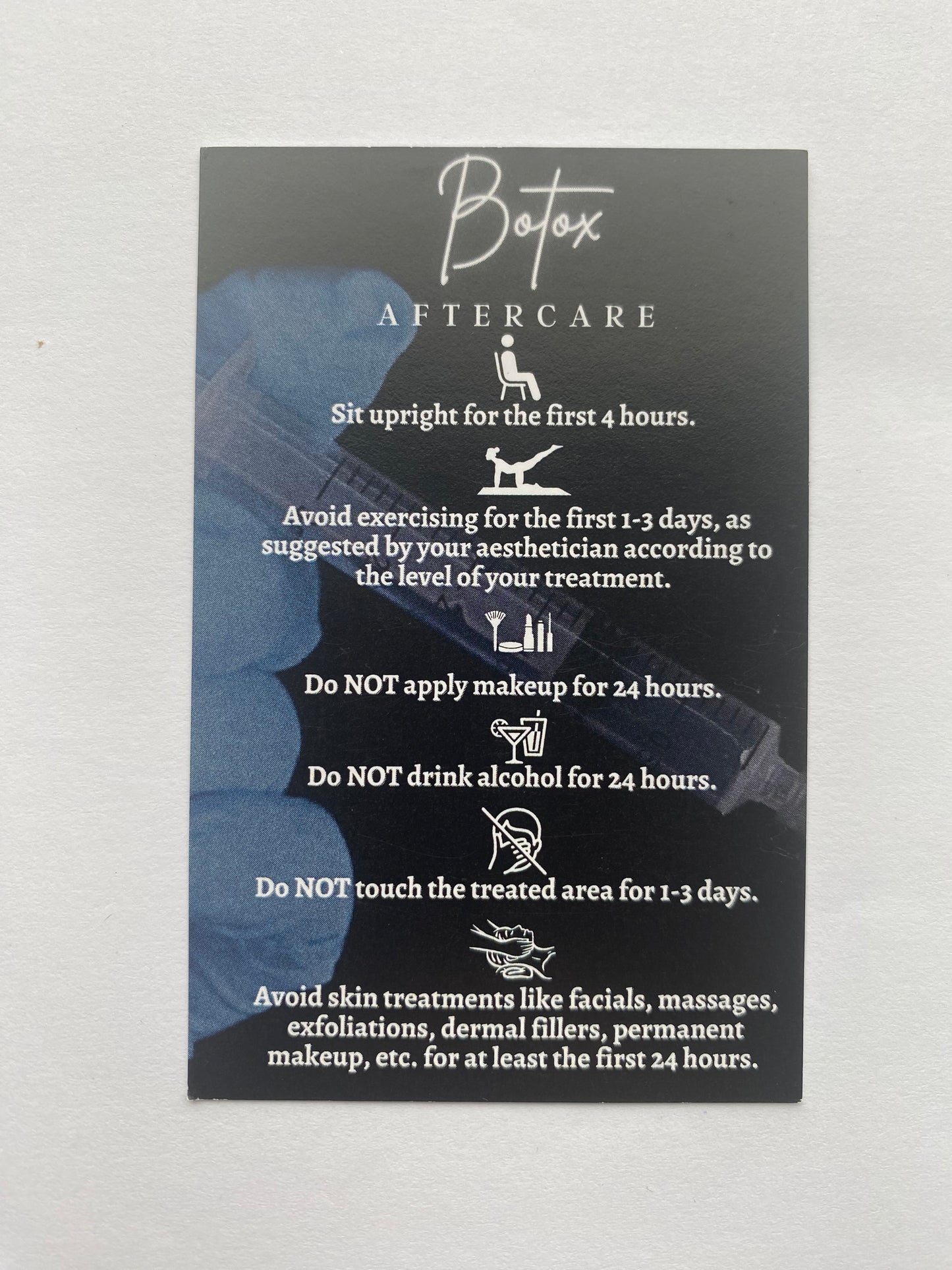 25 BOTOX POST TREATMENT AFTERCARE CARDS - MULTIPLE TREATMENT & COLOUR OPTION CHOICES