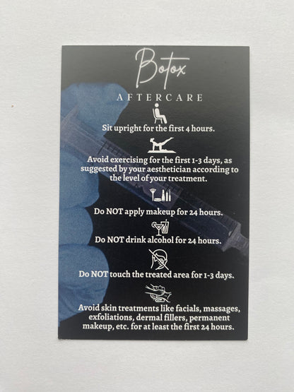 25 BOTOX POST TREATMENT AFTERCARE CARDS - MULTIPLE TREATMENT & COLOUR OPTION CHOICES