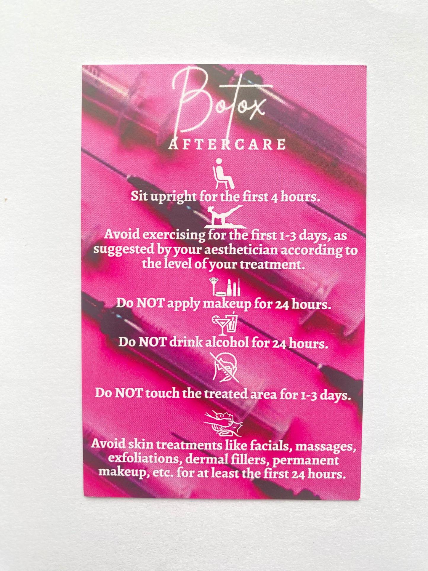 25 BOTOX POST TREATMENT AFTERCARE CARDS - MULTIPLE TREATMENT & COLOUR OPTION CHOICES