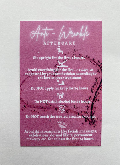 25 ANTI WRINKLE POST TREATMENT AFTERCARE CARDS - MULTIPLE TREATMENT & COLOUR OPTION CHOICES