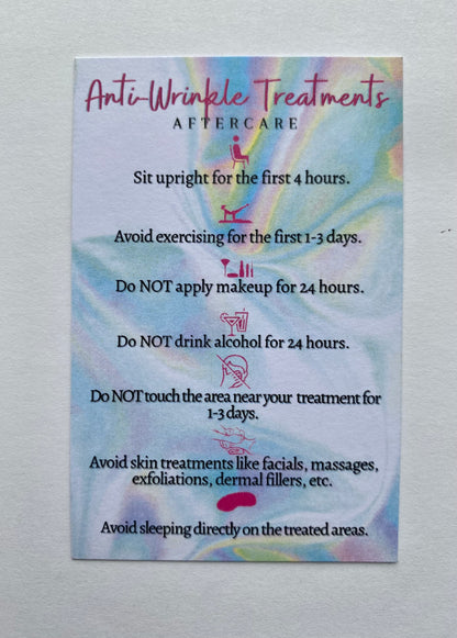 25 ANTI WRINKLE POST TREATMENT AFTERCARE CARDS - MULTIPLE TREATMENT & COLOUR OPTION CHOICES