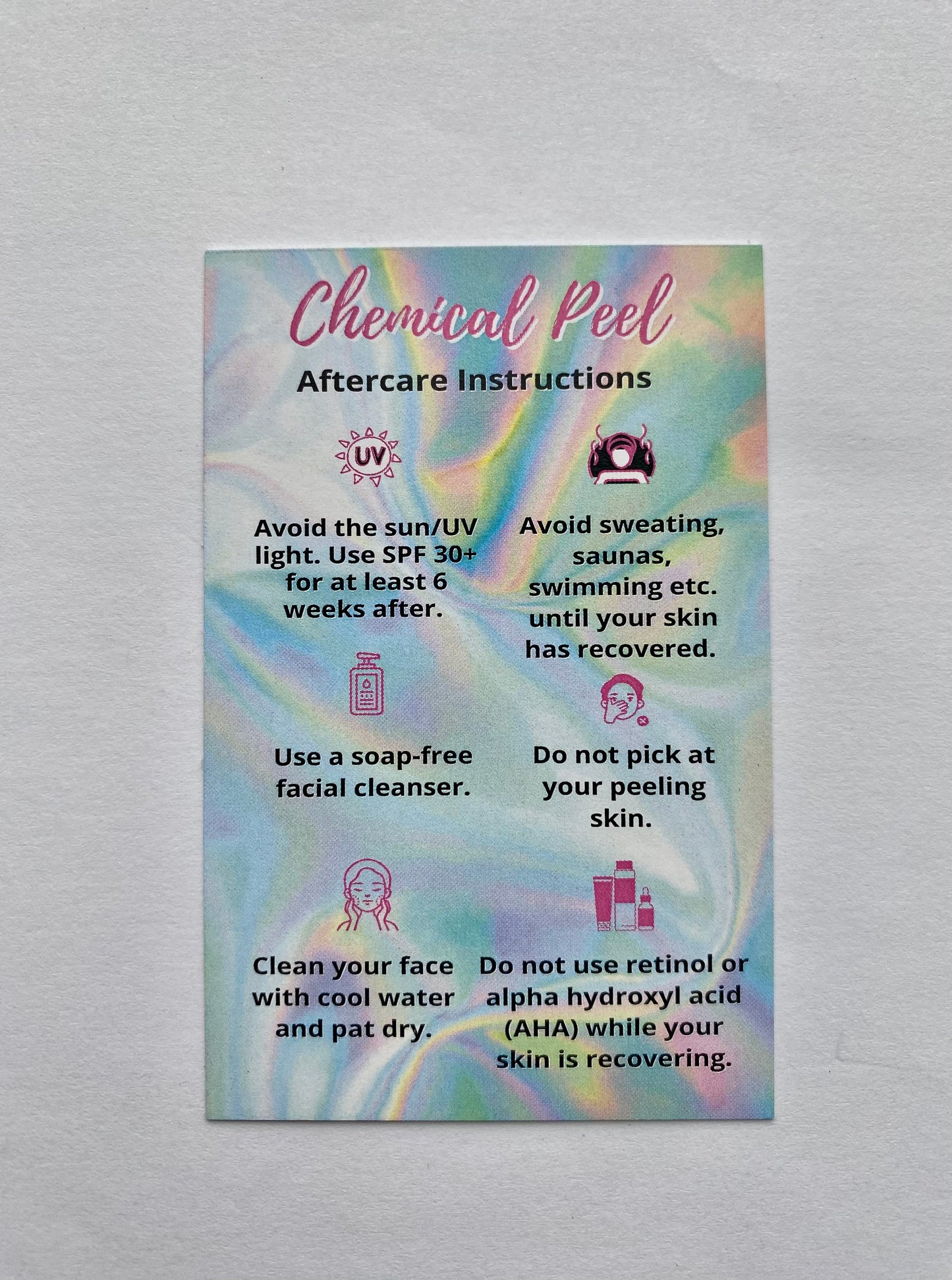 25 CHEMICAL PEEL POST TREATMENT AFTERCARE CARDS - MULTIPLE TREATMENT & COLOUR OPTION CHOICES