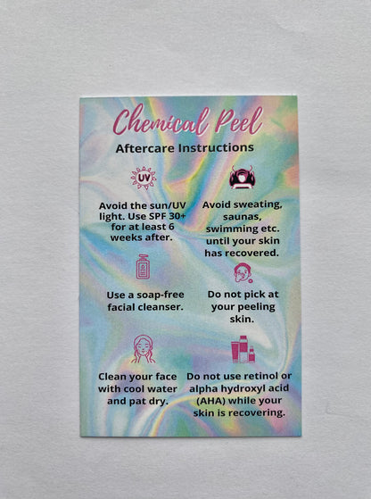25 CHEMICAL PEEL POST TREATMENT AFTERCARE CARDS - MULTIPLE TREATMENT & COLOUR OPTION CHOICES