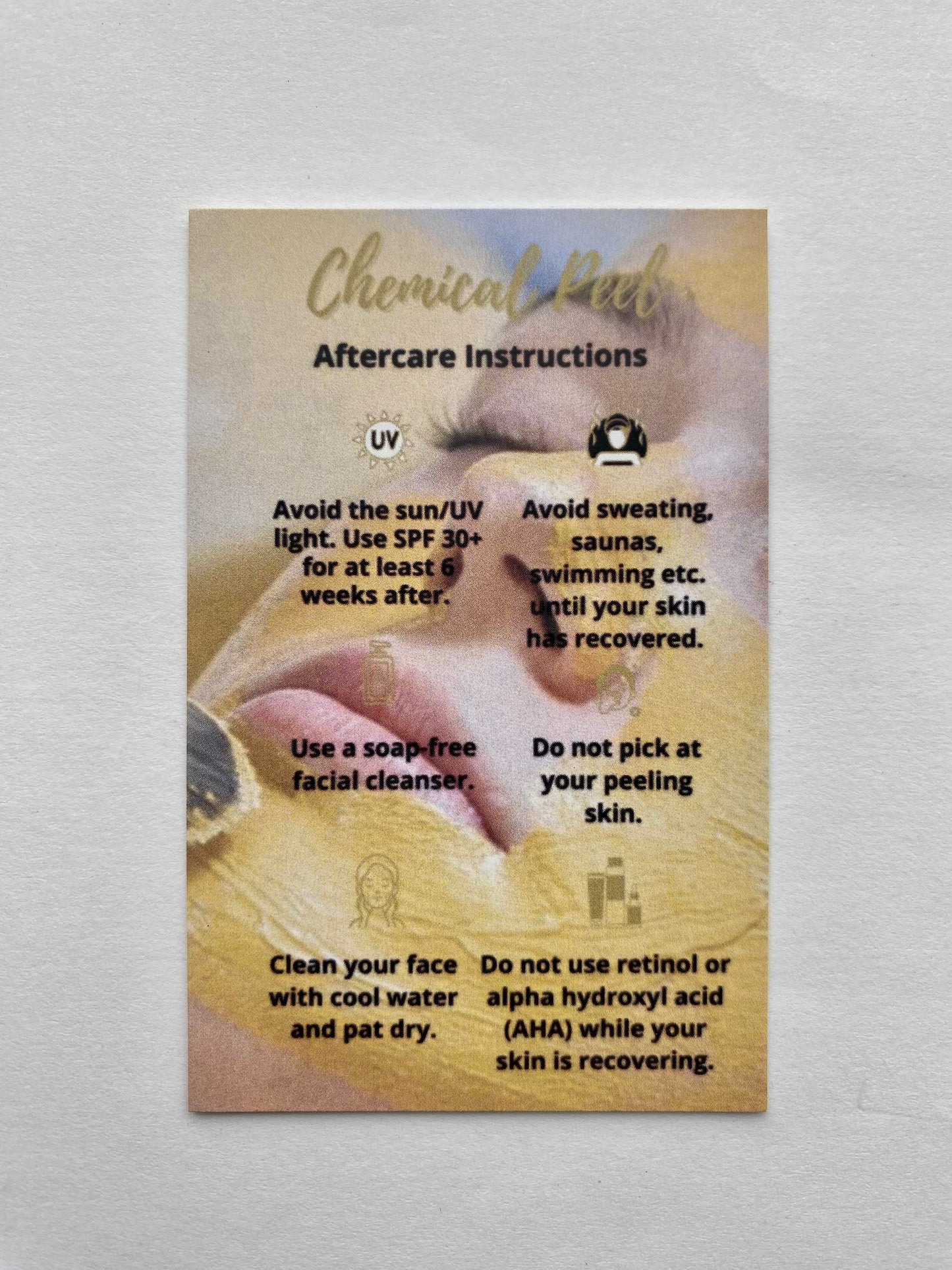 25 CHEMICAL PEEL POST TREATMENT AFTERCARE CARDS - MULTIPLE TREATMENT & COLOUR OPTION CHOICES